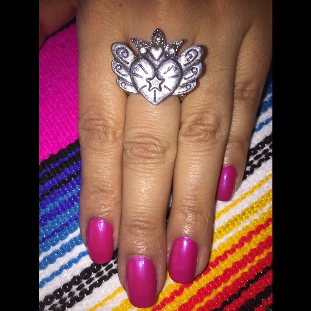 SILVER HEART ANGEL WINGS CROWN RING  BOHO STRETCH